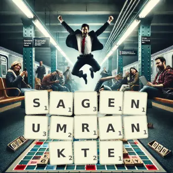 Kreative Illustration für ein Scrabble-Spiel, bei dem das Wort SAGENUMRANKTE mit Steinen auf dem Brett gelegt wurde.