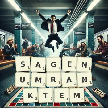 Kreative Illustration für ein Scrabble-Spiel, bei dem das Wort SAGENUMRANKTEM mit Steinen auf dem Brett gelegt wurde.