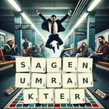 Kreative Illustration für ein Scrabble-Spiel, bei dem das Wort SAGENUMRANKTER mit Steinen auf dem Brett gelegt wurde.