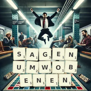 Kreative Illustration für ein Scrabble-Spiel, bei dem das Wort SAGENUMWOBENEN mit Steinen auf dem Brett gelegt wurde.