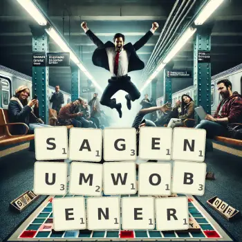 Kreative Illustration für ein Scrabble-Spiel, bei dem das Wort SAGENUMWOBENER mit Steinen auf dem Brett gelegt wurde.