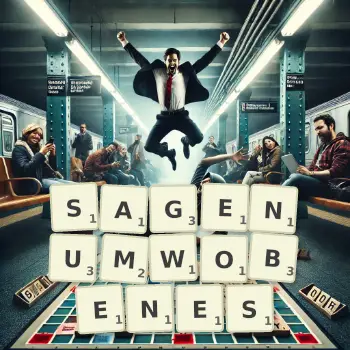 Kreative Illustration für ein Scrabble-Spiel, bei dem das Wort SAGENUMWOBENES mit Steinen auf dem Brett gelegt wurde.