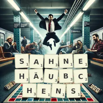 Kreative Illustration für ein Scrabble-Spiel, bei dem das Wort SAHNEHÄUBCHENS mit Steinen auf dem Brett gelegt wurde.