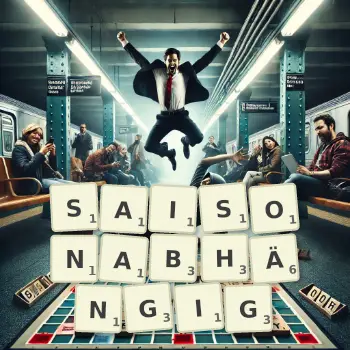 Kreative Illustration für ein Scrabble-Spiel, bei dem das Wort SAISONABHÄNGIG mit Steinen auf dem Brett gelegt wurde.