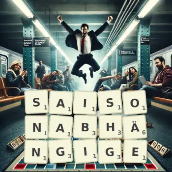 Kreative Illustration für ein Scrabble-Spiel, bei dem das Wort SAISONABHÄNGIGE mit Steinen auf dem Brett gelegt wurde.