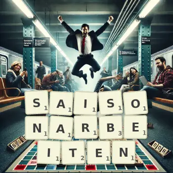 Kreative Illustration für ein Scrabble-Spiel, bei dem das Wort SAISONARBEITEN mit Steinen auf dem Brett gelegt wurde.