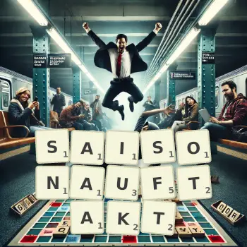 Kreative Illustration für ein Scrabble-Spiel, bei dem das Wort SAISONAUFTAKT mit Steinen auf dem Brett gelegt wurde.