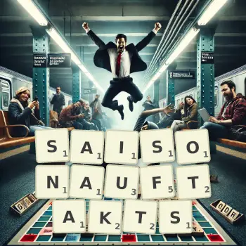 Kreative Illustration für ein Scrabble-Spiel, bei dem das Wort SAISONAUFTAKTS mit Steinen auf dem Brett gelegt wurde.