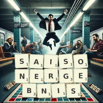 Kreative Illustration für ein Scrabble-Spiel, bei dem das Wort SAISONERGEBNIS mit Steinen auf dem Brett gelegt wurde.