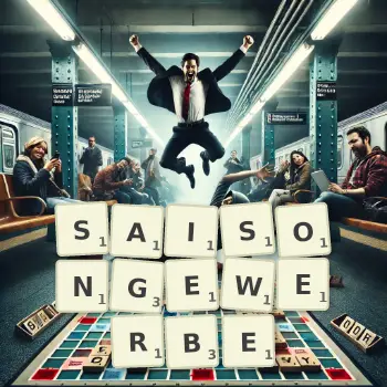 Kreative Illustration für ein Scrabble-Spiel, bei dem das Wort SAISONGEWERBE mit Steinen auf dem Brett gelegt wurde.