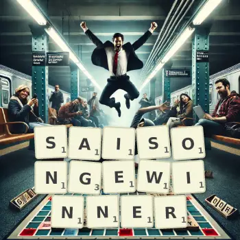 Kreative Illustration für ein Scrabble-Spiel, bei dem das Wort SAISONGEWINNER mit Steinen auf dem Brett gelegt wurde.