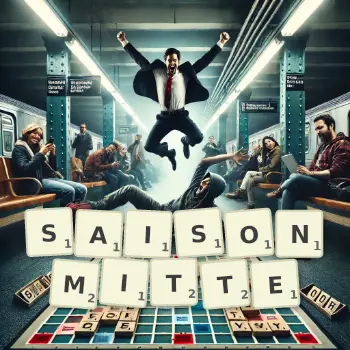 Kreative Illustration für ein Scrabble-Spiel, bei dem das Wort SAISONMITTE mit Steinen auf dem Brett gelegt wurde.