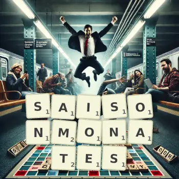 Kreative Illustration für ein Scrabble-Spiel, bei dem das Wort SAISONMONATES mit Steinen auf dem Brett gelegt wurde.