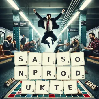 Kreative Illustration für ein Scrabble-Spiel, bei dem das Wort SAISONPRODUKTE mit Steinen auf dem Brett gelegt wurde.