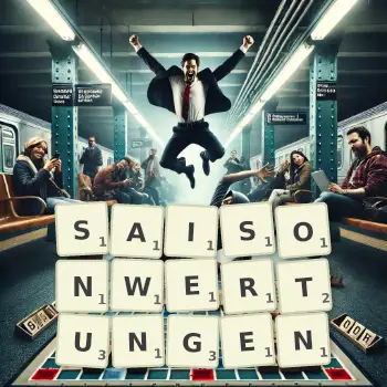 Kreative Illustration für ein Scrabble-Spiel, bei dem das Wort SAISONWERTUNGEN mit Steinen auf dem Brett gelegt wurde.