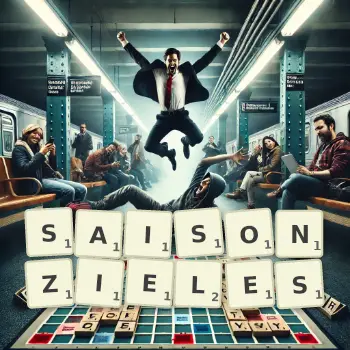 Kreative Illustration für ein Scrabble-Spiel, bei dem das Wort SAISONZIELES mit Steinen auf dem Brett gelegt wurde.