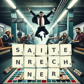 Kreative Illustration für ein Scrabble-Spiel, bei dem das Wort SAITENRECHNER mit Steinen auf dem Brett gelegt wurde.