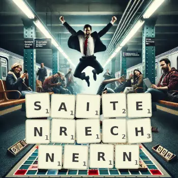 Kreative Illustration für ein Scrabble-Spiel, bei dem das Wort SAITENRECHNERN mit Steinen auf dem Brett gelegt wurde.