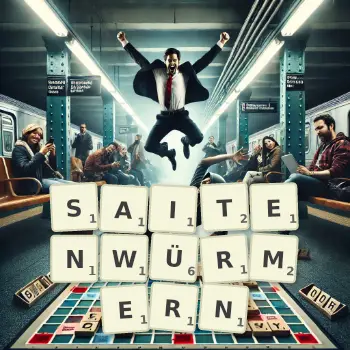 Kreative Illustration für ein Scrabble-Spiel, bei dem das Wort SAITENWÜRMERN mit Steinen auf dem Brett gelegt wurde.