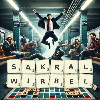 Kreative Illustration für ein Scrabble-Spiel, bei dem das Wort SAKRALWIRBEL mit Steinen auf dem Brett gelegt wurde.