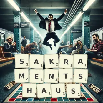 Kreative Illustration für ein Scrabble-Spiel, bei dem das Wort SAKRAMENTSHAUS mit Steinen auf dem Brett gelegt wurde.