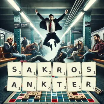 Kreative Illustration für ein Scrabble-Spiel, bei dem das Wort SAKROSANKTER mit Steinen auf dem Brett gelegt wurde.