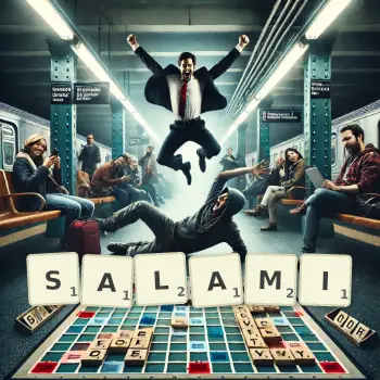 Kreative Illustration für ein Scrabble-Spiel, bei dem das Wort SALAMI mit Steinen auf dem Brett gelegt wurde.