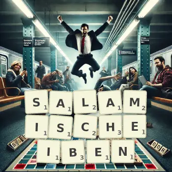 Kreative Illustration für ein Scrabble-Spiel, bei dem das Wort SALAMISCHEIBEN mit Steinen auf dem Brett gelegt wurde.
