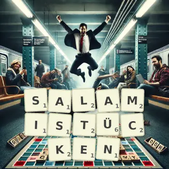 Kreative Illustration für ein Scrabble-Spiel, bei dem das Wort SALAMISTÜCKEN mit Steinen auf dem Brett gelegt wurde.