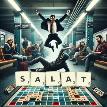 Kreative Illustration für ein Scrabble-Spiel, bei dem das Wort SALAT mit Steinen auf dem Brett gelegt wurde.