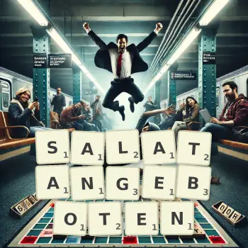 Kreative Illustration für ein Scrabble-Spiel, bei dem das Wort SALATANGEBOTEN mit Steinen auf dem Brett gelegt wurde.