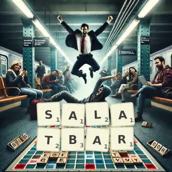 Kreative Illustration für ein Scrabble-Spiel, bei dem das Wort SALATBAR mit Steinen auf dem Brett gelegt wurde.