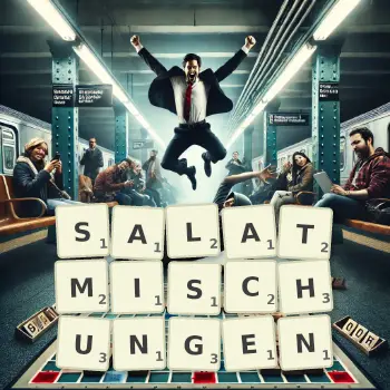 Kreative Illustration für ein Scrabble-Spiel, bei dem das Wort SALATMISCHUNGEN mit Steinen auf dem Brett gelegt wurde.