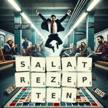 Kreative Illustration für ein Scrabble-Spiel, bei dem das Wort SALATREZEPTEN mit Steinen auf dem Brett gelegt wurde.