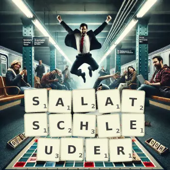 Kreative Illustration für ein Scrabble-Spiel, bei dem das Wort SALATSCHLEUDER mit Steinen auf dem Brett gelegt wurde.