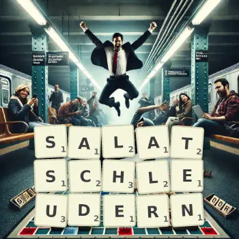 Kreative Illustration für ein Scrabble-Spiel, bei dem das Wort SALATSCHLEUDERN mit Steinen auf dem Brett gelegt wurde.