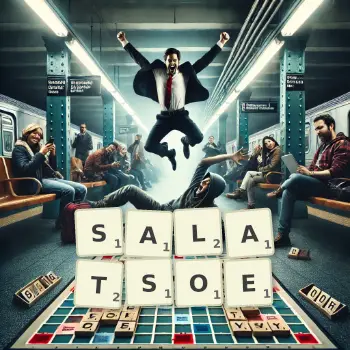 Kreative Illustration für ein Scrabble-Spiel, bei dem das Wort SALATSOE mit Steinen auf dem Brett gelegt wurde.