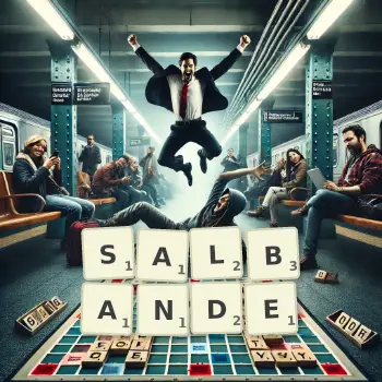 Kreative Illustration für ein Scrabble-Spiel, bei dem das Wort SALBANDE mit Steinen auf dem Brett gelegt wurde.