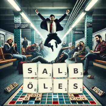 Kreative Illustration für ein Scrabble-Spiel, bei dem das Wort SALBÖLES mit Steinen auf dem Brett gelegt wurde.