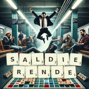 Kreative Illustration für ein Scrabble-Spiel, bei dem das Wort SALDIERENDE mit Steinen auf dem Brett gelegt wurde.