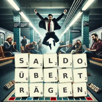 Kreative Illustration für ein Scrabble-Spiel, bei dem das Wort SALDOÜBERTRÄGEN mit Steinen auf dem Brett gelegt wurde.