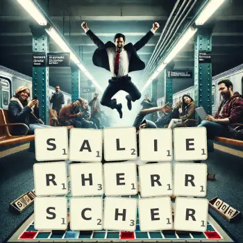 Kreative Illustration für ein Scrabble-Spiel, bei dem das Wort SALIERHERRSCHER mit Steinen auf dem Brett gelegt wurde.