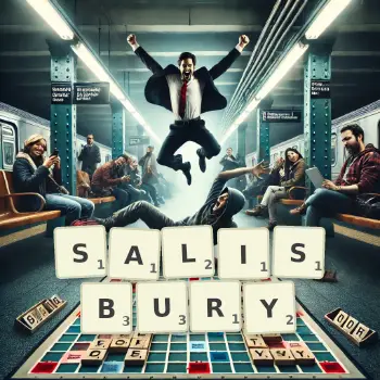 Kreative Illustration für ein Scrabble-Spiel, bei dem das Wort SALISBURY mit Steinen auf dem Brett gelegt wurde.