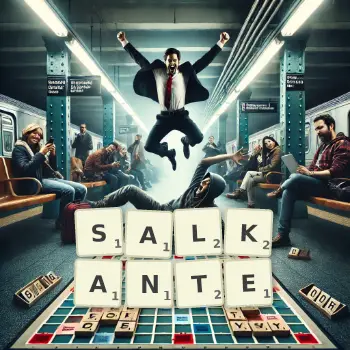 Kreative Illustration für ein Scrabble-Spiel, bei dem das Wort SALKANTE mit Steinen auf dem Brett gelegt wurde.