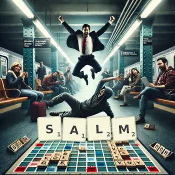 Kreative Illustration für ein Scrabble-Spiel, bei dem das Wort SALM mit Steinen auf dem Brett gelegt wurde.