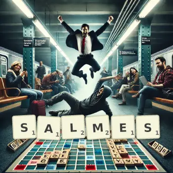 Kreative Illustration für ein Scrabble-Spiel, bei dem das Wort SALMES mit Steinen auf dem Brett gelegt wurde.