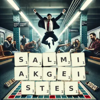 Kreative Illustration für ein Scrabble-Spiel, bei dem das Wort SALMIAKGEISTES mit Steinen auf dem Brett gelegt wurde.