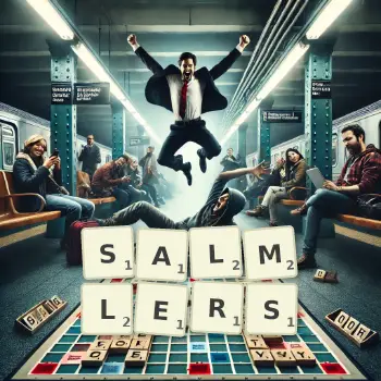 Kreative Illustration für ein Scrabble-Spiel, bei dem das Wort SALMLERS mit Steinen auf dem Brett gelegt wurde.