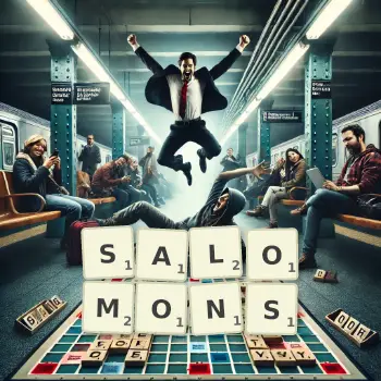 Kreative Illustration für ein Scrabble-Spiel, bei dem das Wort SALOMONS mit Steinen auf dem Brett gelegt wurde.