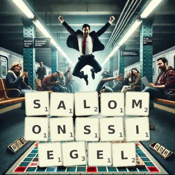 Kreative Illustration für ein Scrabble-Spiel, bei dem das Wort SALOMONSSIEGEL mit Steinen auf dem Brett gelegt wurde.